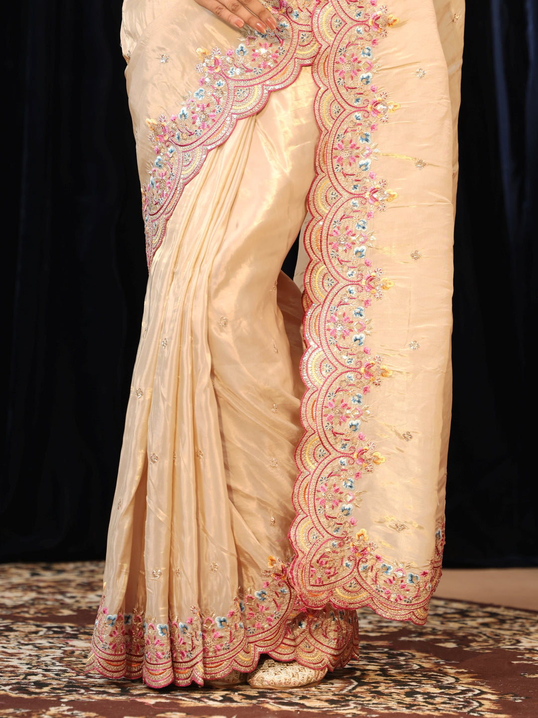  Cream Embroidered Floral Border Silk Blend Saree 