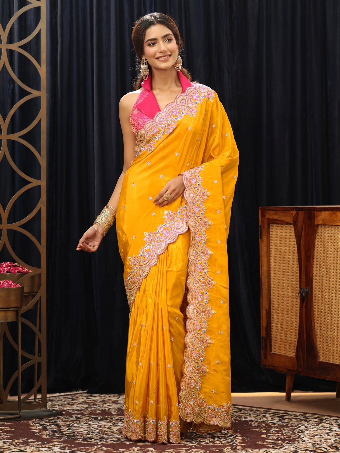  Mustard Embroidered Floral Border Silk Blend Saree 