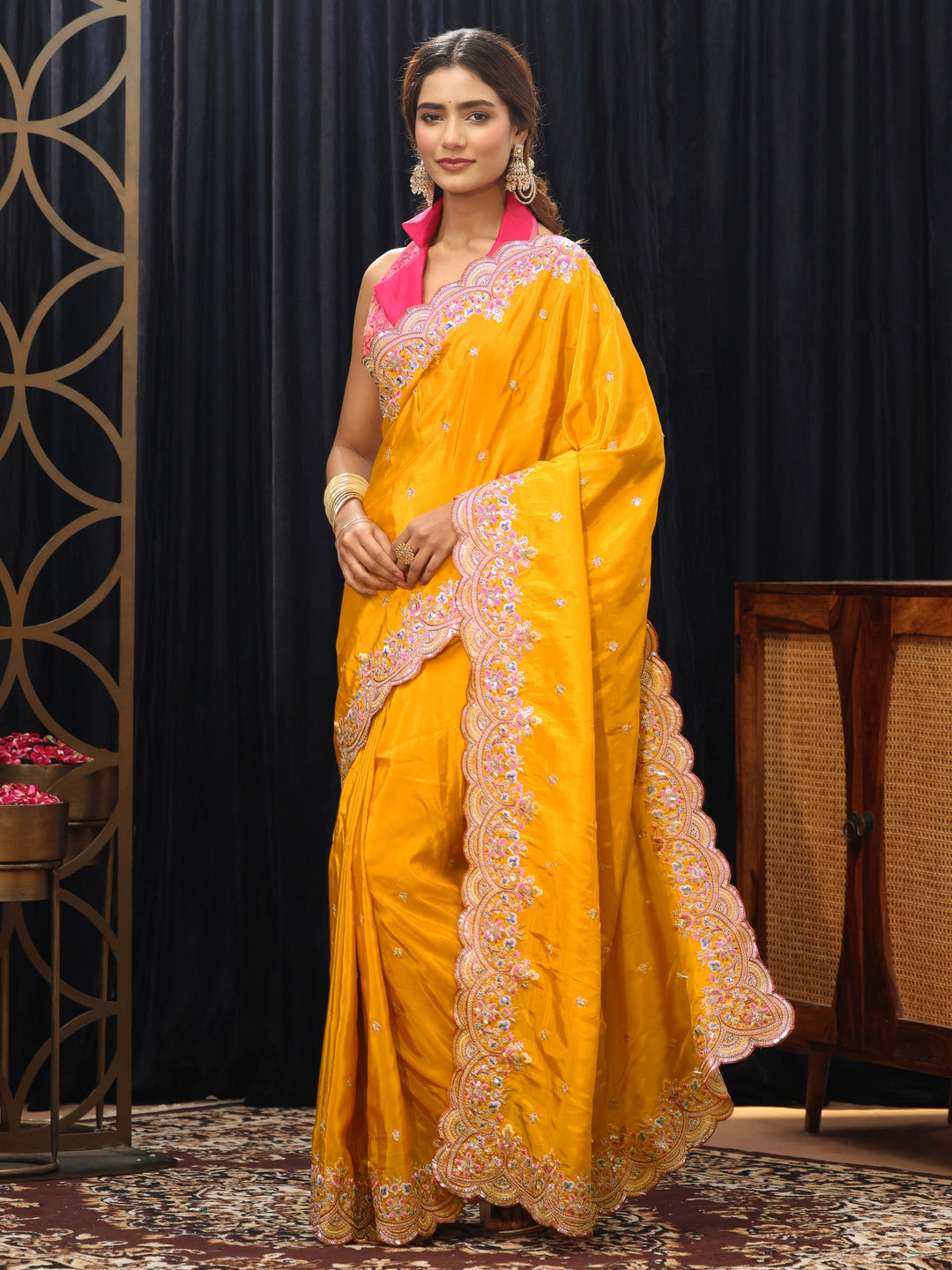  Mustard Embroidered Floral Border Silk Blend Saree 