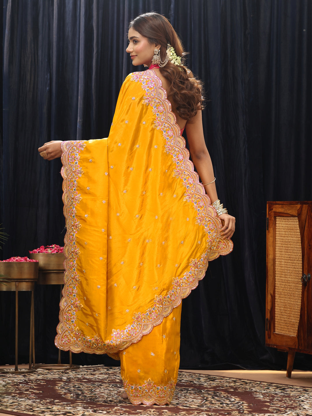  Mustard Embroidered Floral Border Silk Blend Saree 