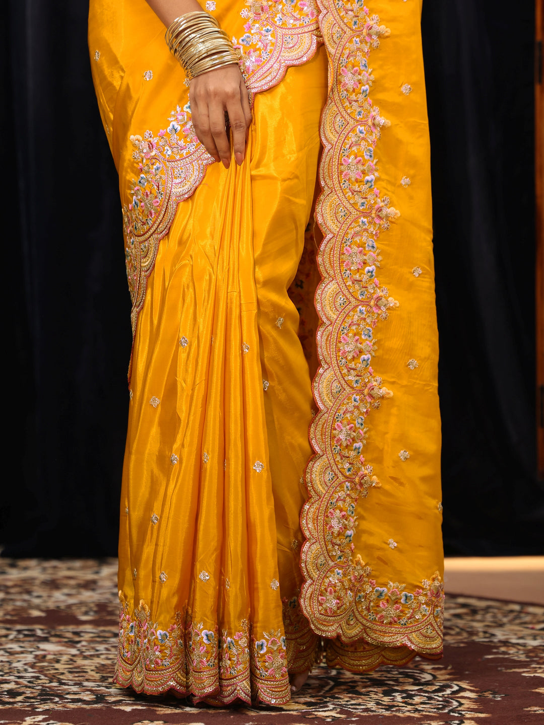  Mustard Embroidered Floral Border Silk Blend Saree 