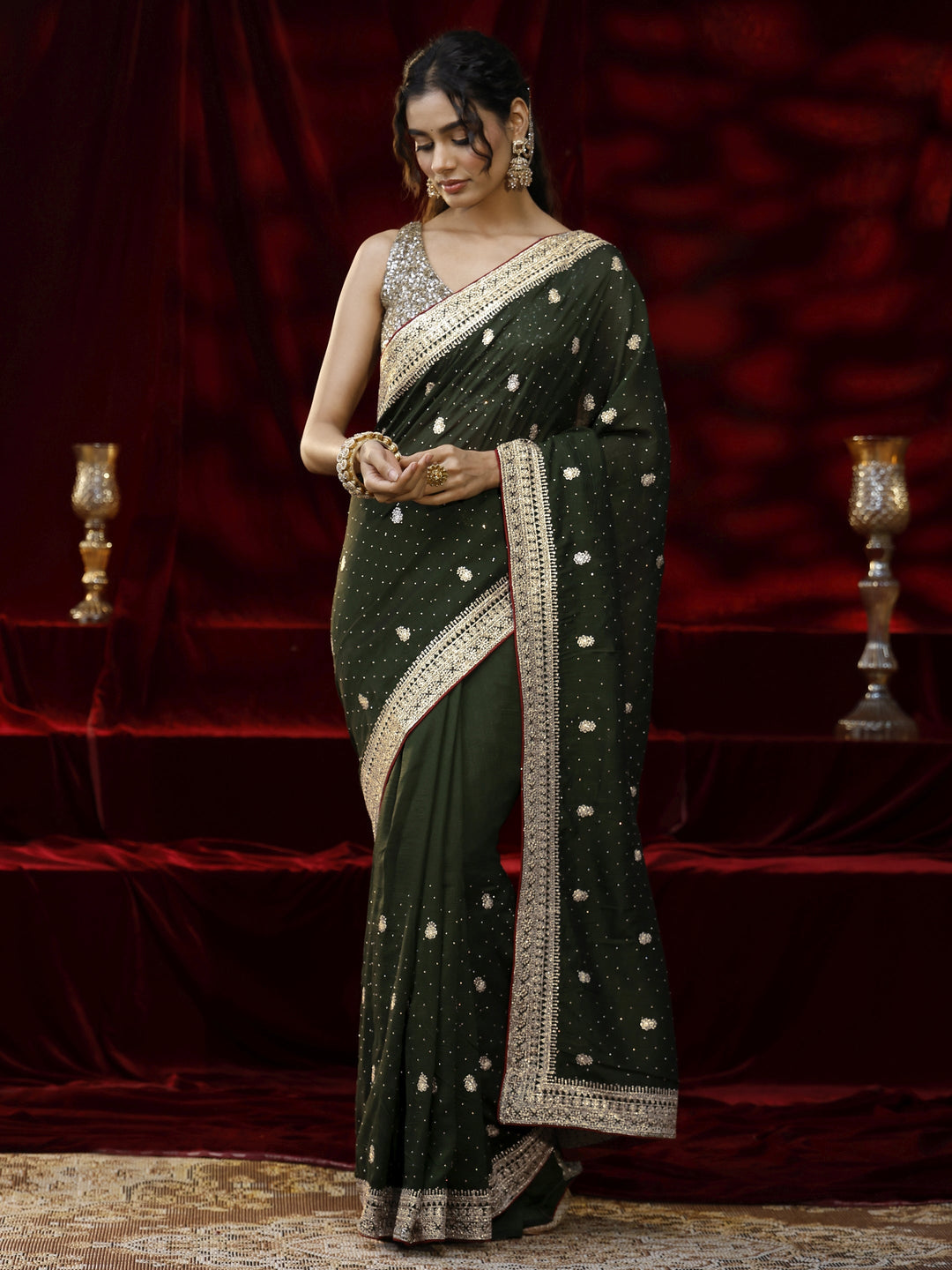  Libas Green Floral Embroidered Silk blend Saree 