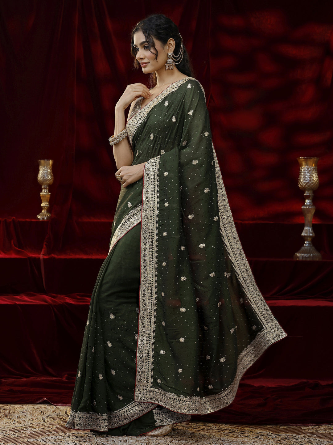  Libas Green Floral Embroidered Silk blend Saree 