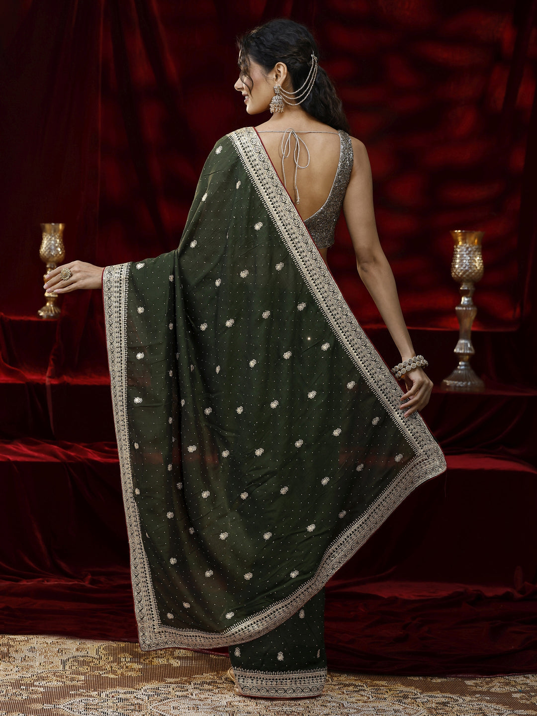  Libas Green Floral Embroidered Silk blend Saree 