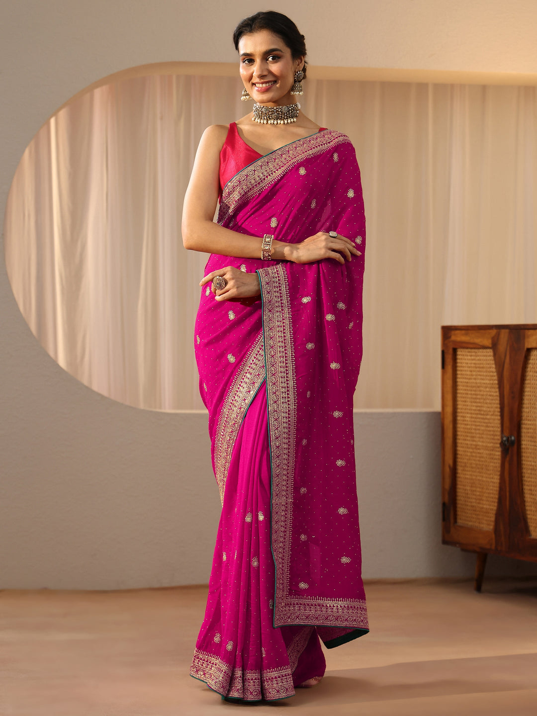  Rose Pink Floral Embellished Silk Blend Saree 