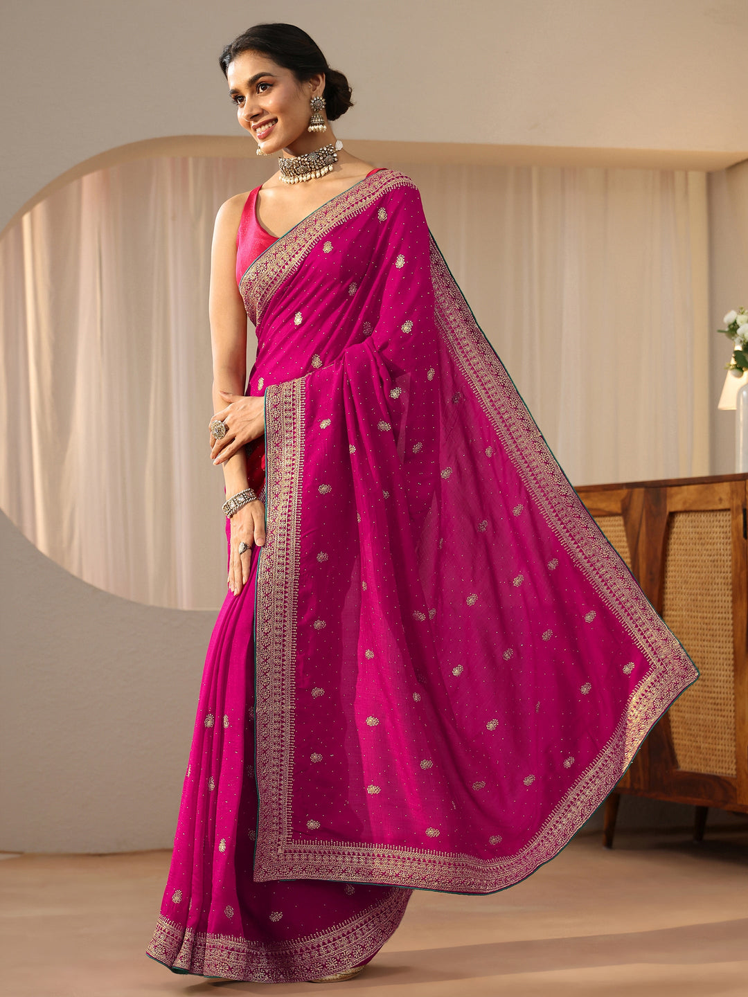  Rose Pink Floral Embellished Silk Blend Saree 