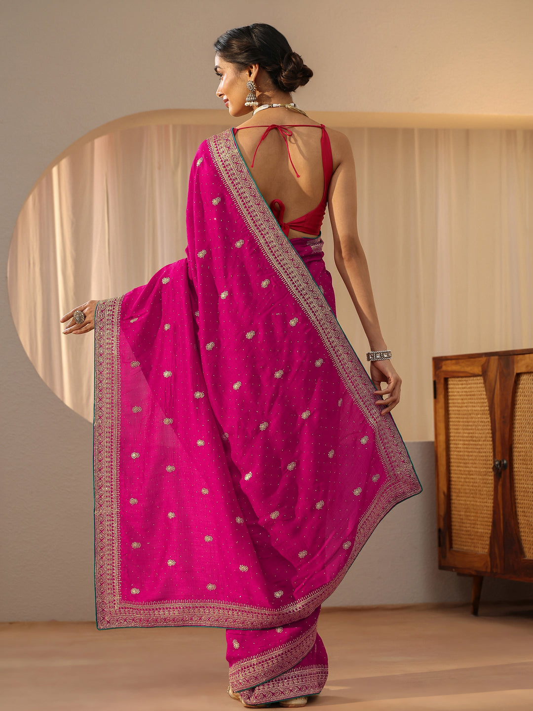  Rose Pink Floral Embellished Silk Blend Saree 