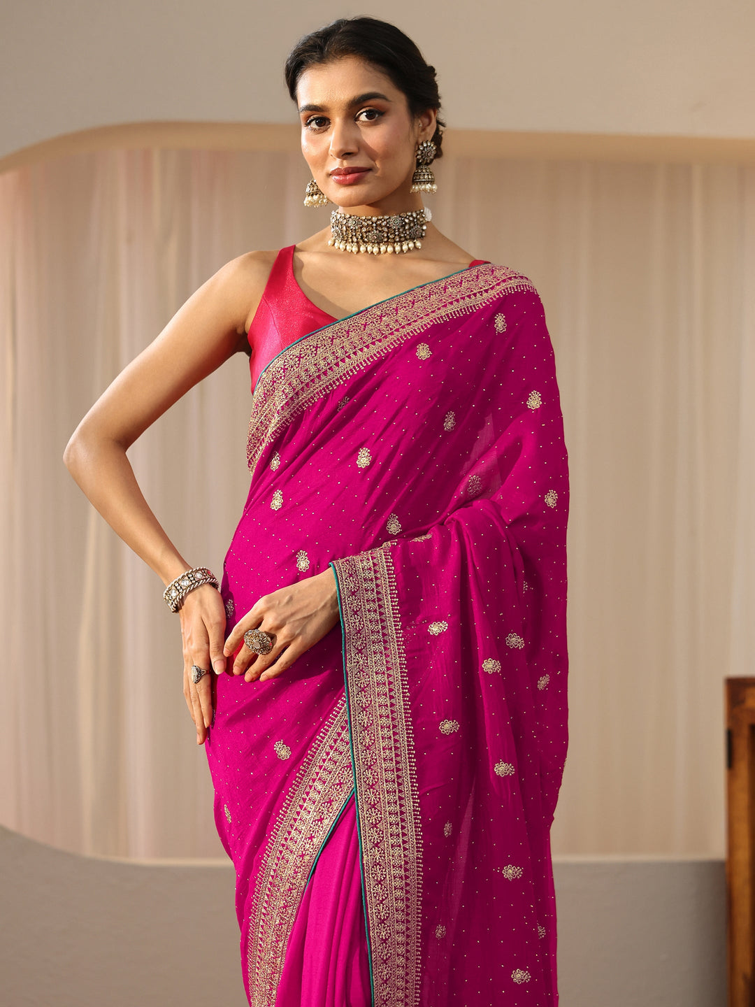  Rose Pink Floral Embellished Silk Blend Saree 