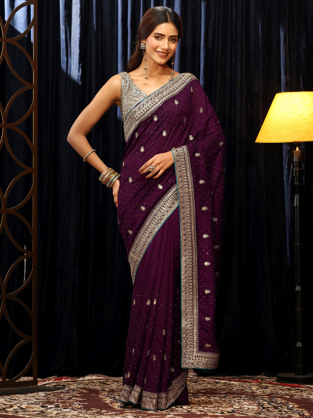  Burgundy Floral Embellished Silk Blend Saree 