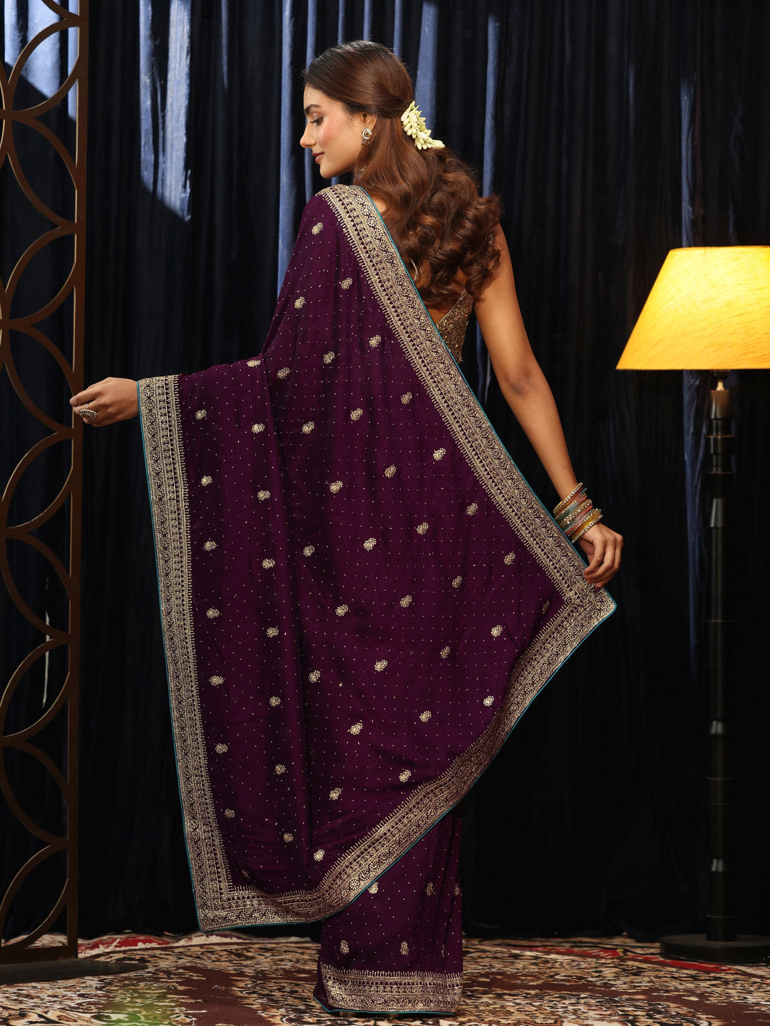  Burgundy Floral Embellished Silk Blend Saree 