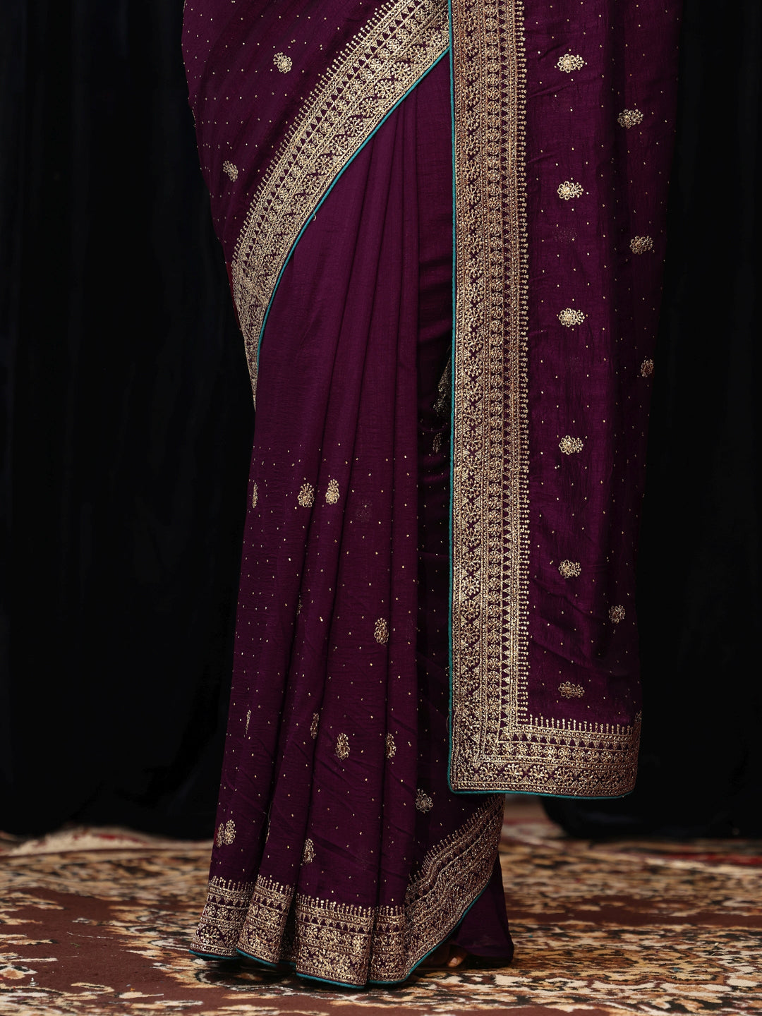  Burgundy Floral Embellished Silk Blend Saree 
