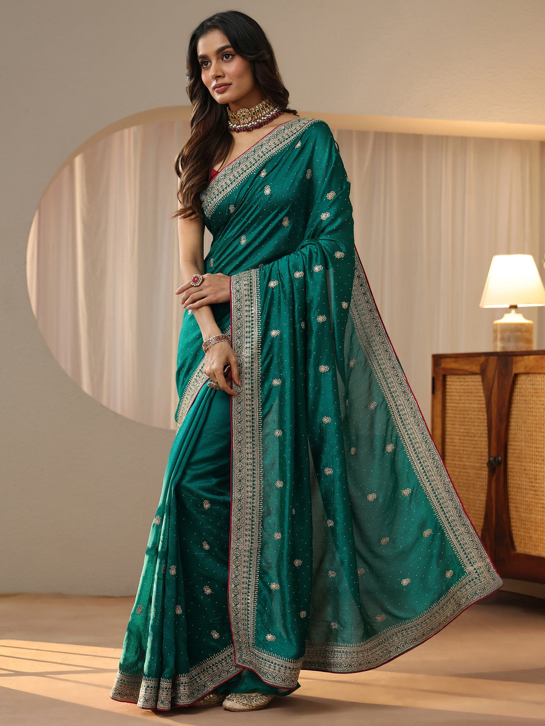  Teal Green Embellished Silk Blend Saree 