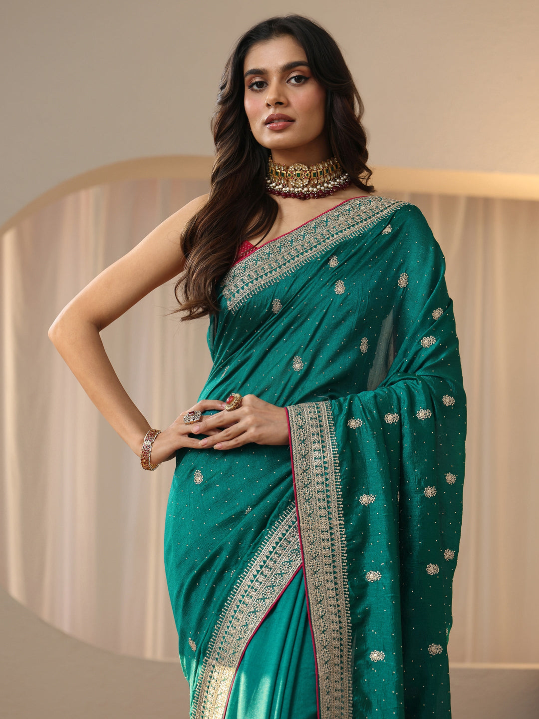  Teal Green Embellished Silk Blend Saree 