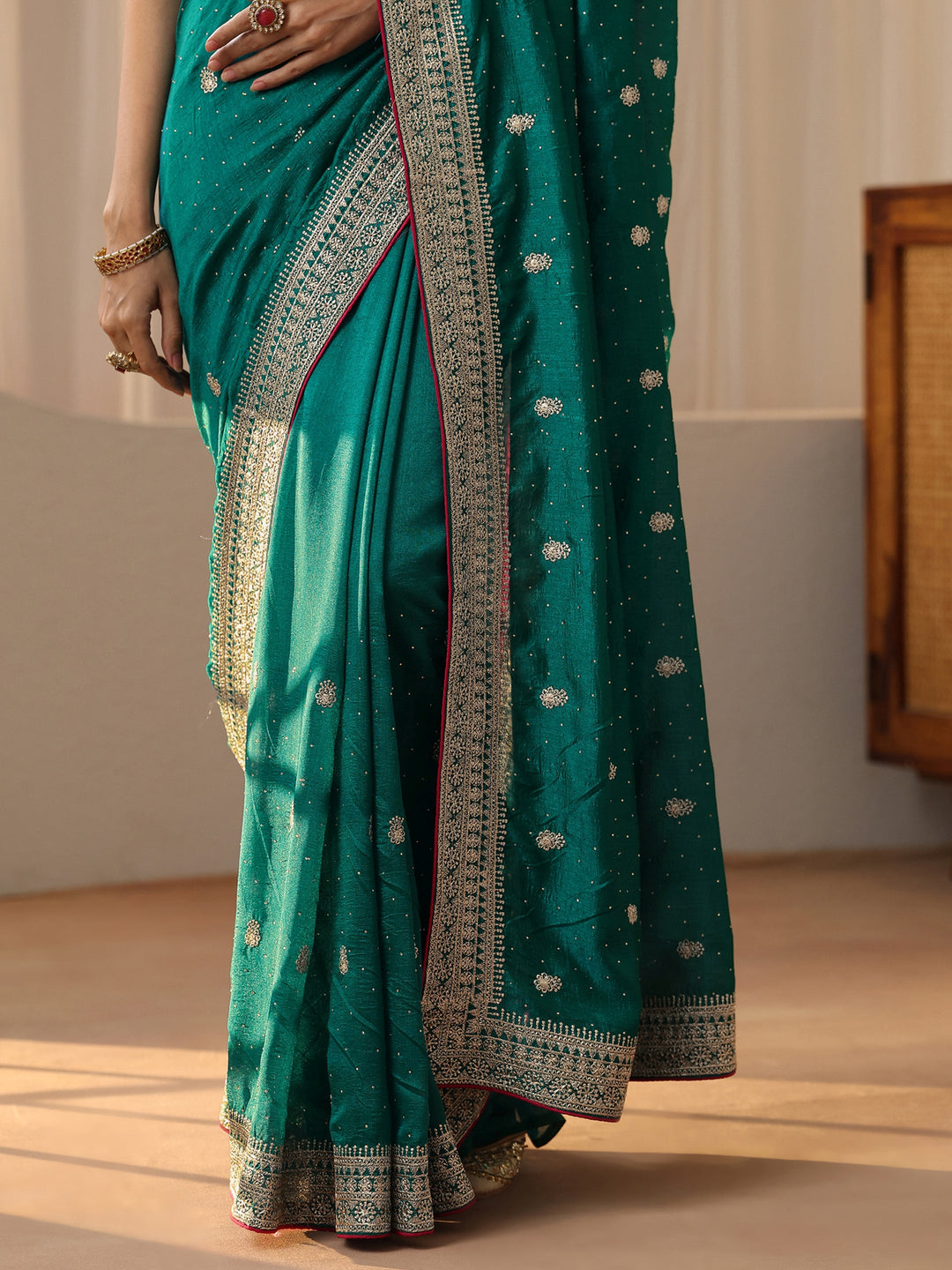  Teal Green Embellished Silk Blend Saree 