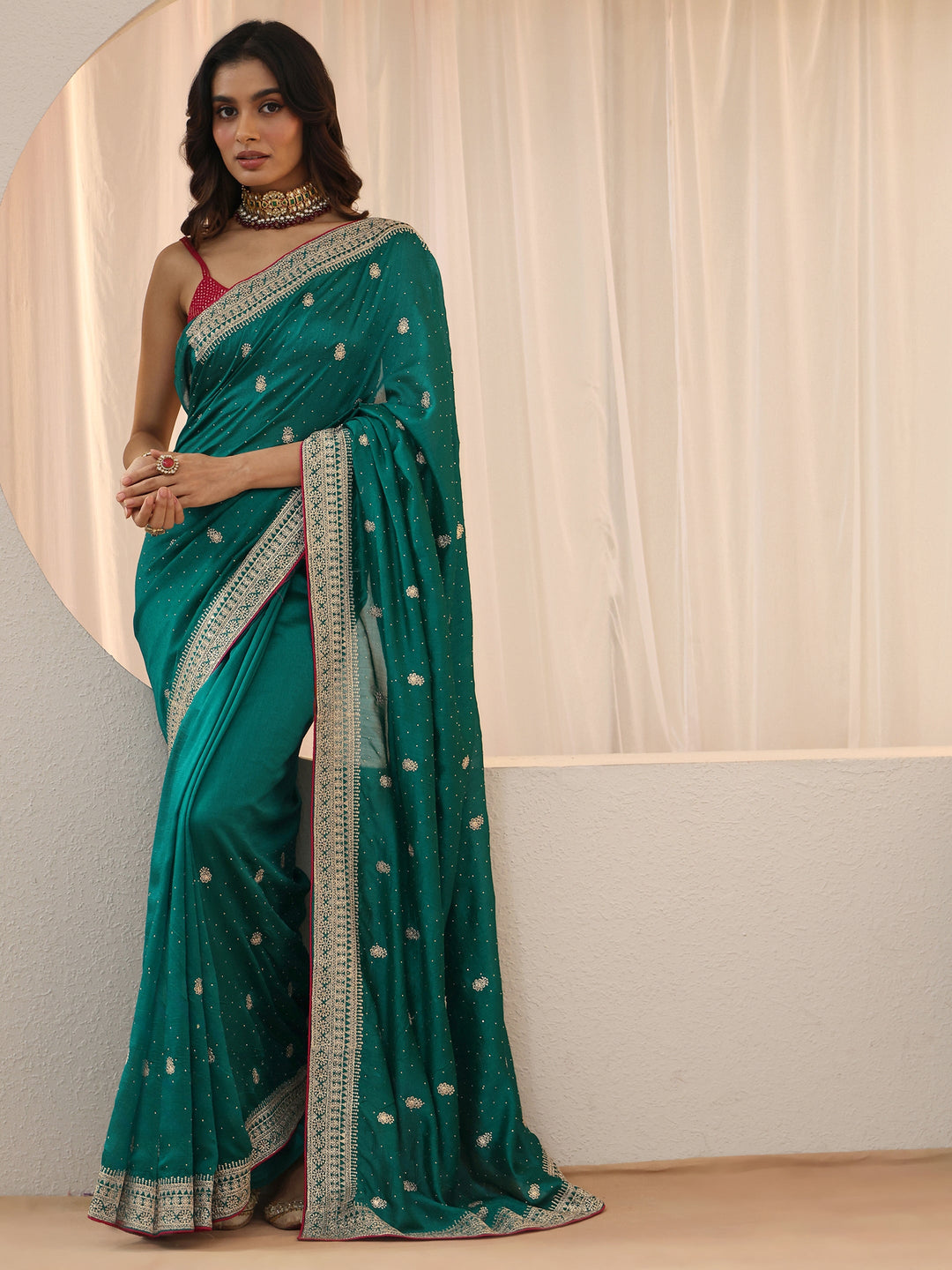  Teal Green Embellished Silk Blend Saree 