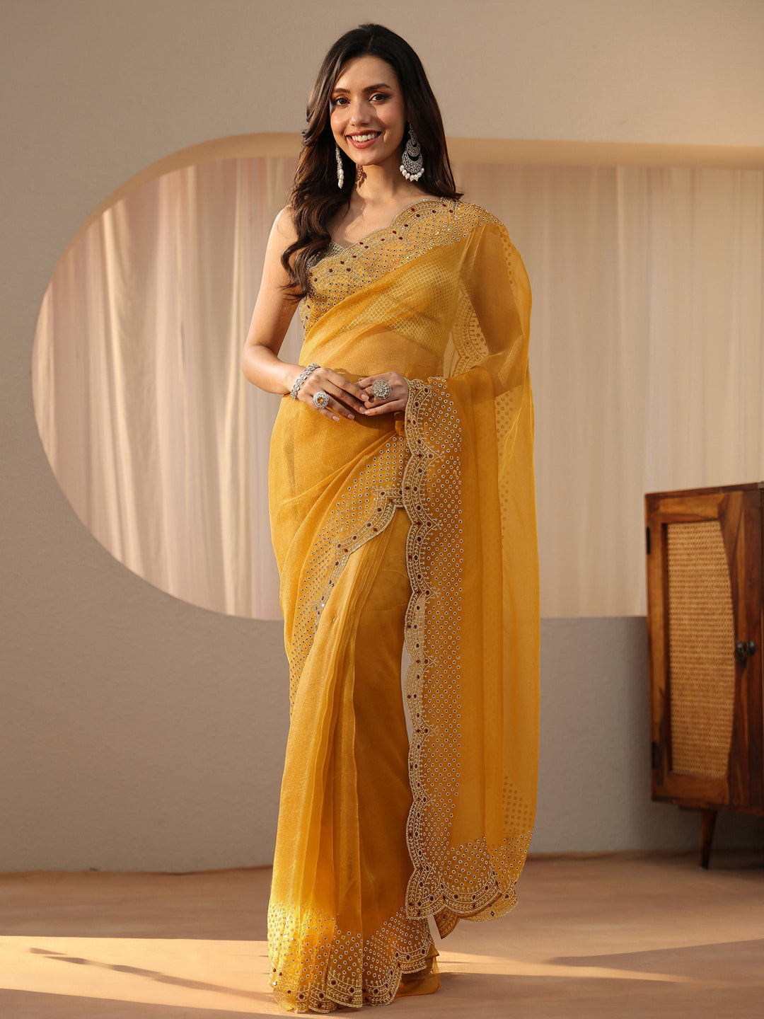  Mustard Bead Work Tissue Saree 
