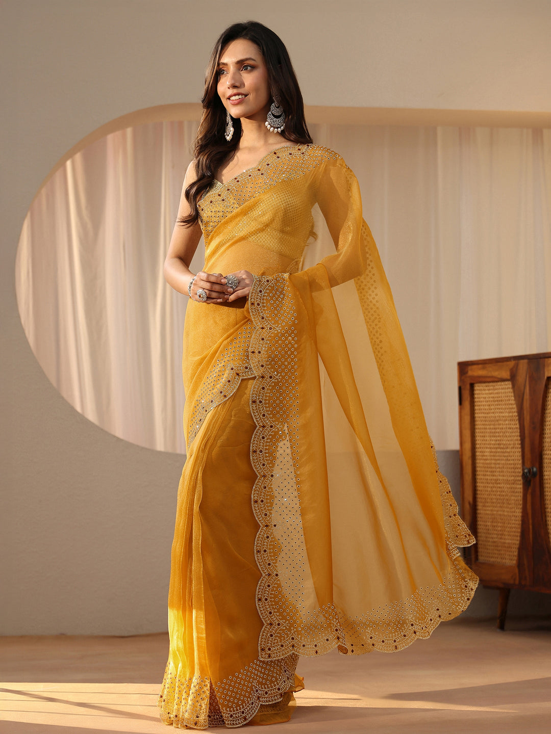  Mustard Bead Work Tissue Saree 