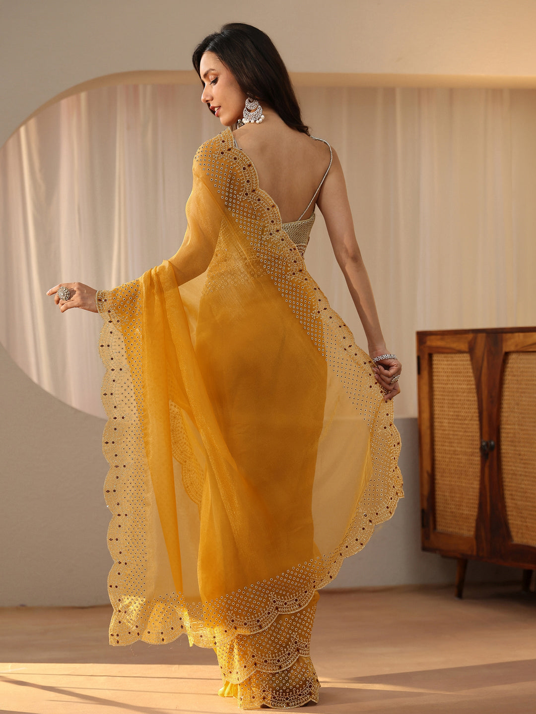  Mustard Bead Work Tissue Saree 