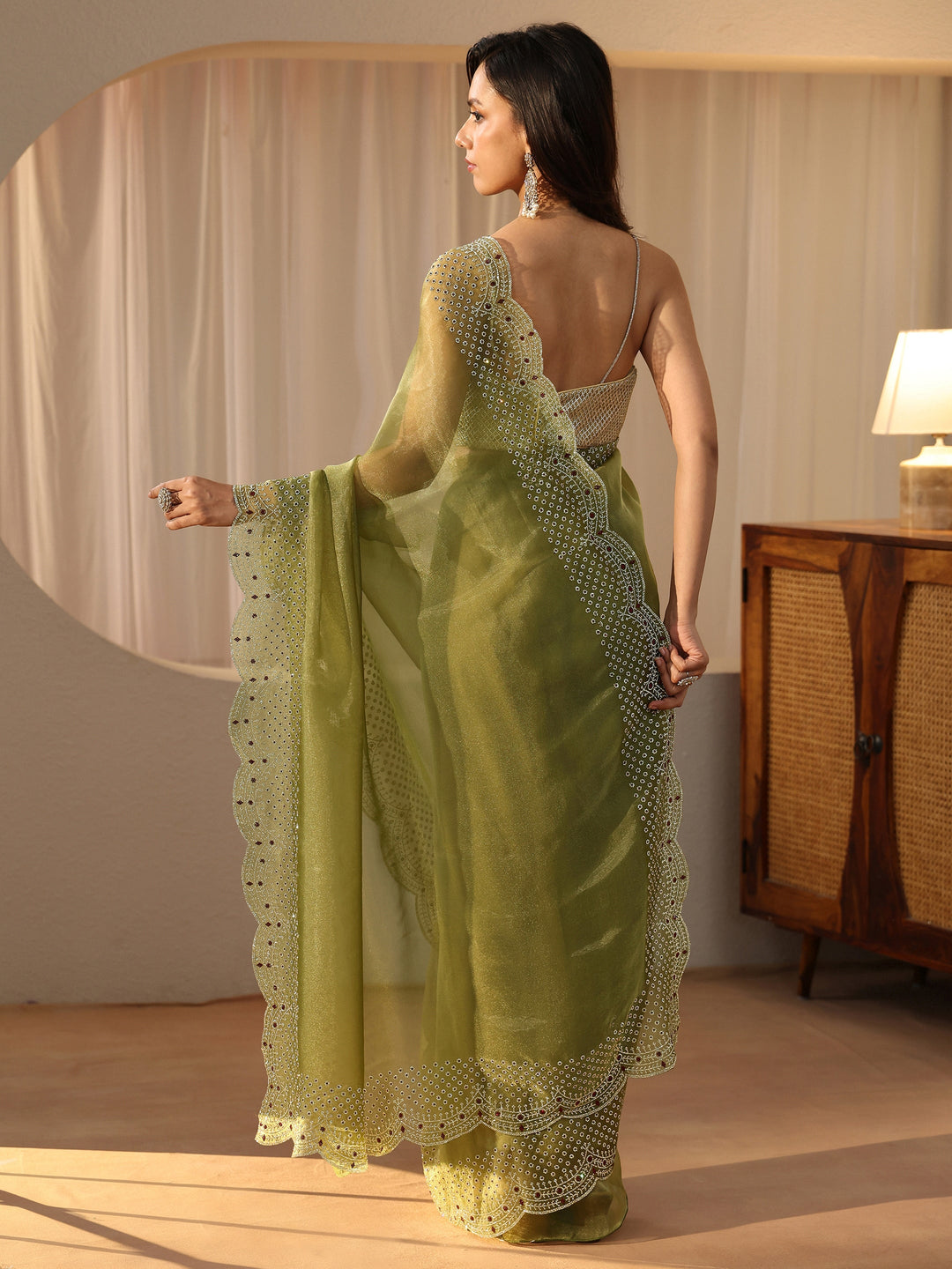  Moss Green Bead Work Tissue Saree 