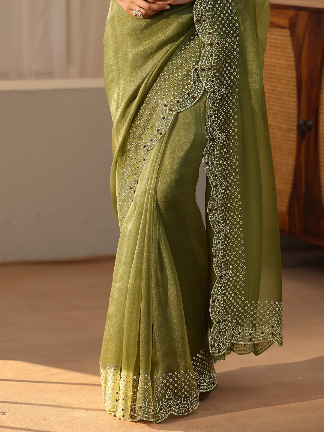  Moss Green Bead Work Tissue Saree 