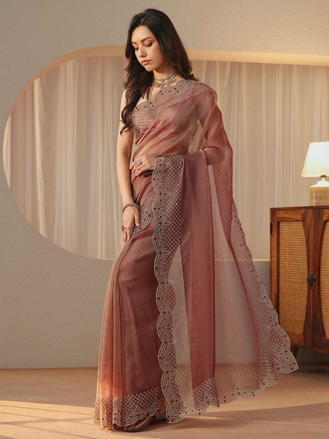  Mauve Bead Work Tissue Saree 