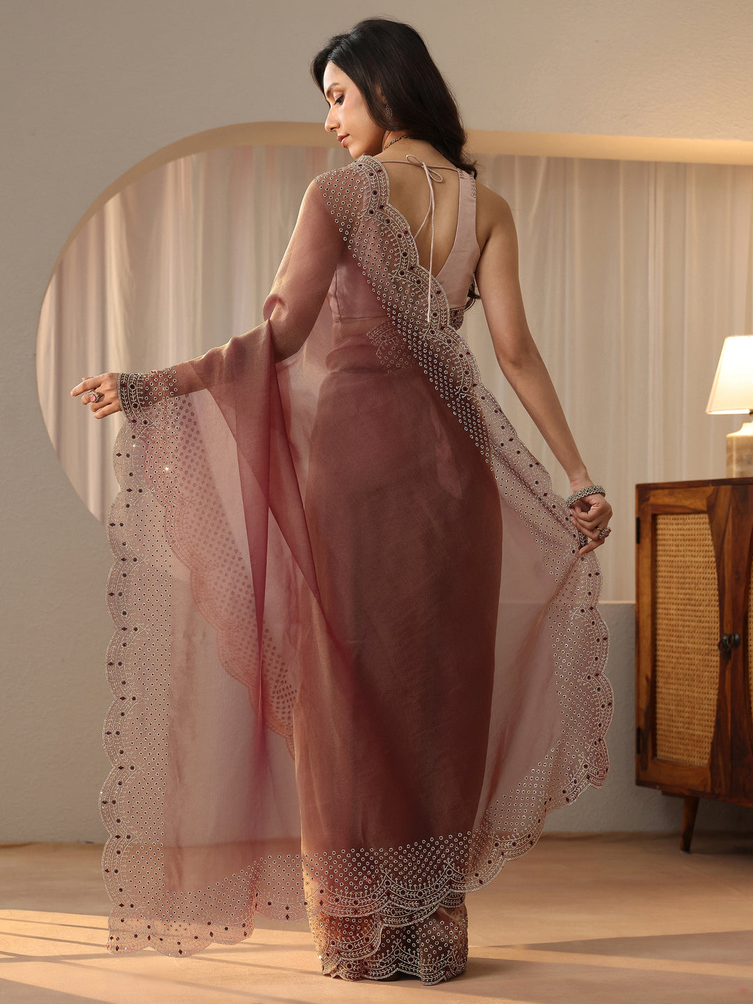  Mauve Bead Work Tissue Saree 