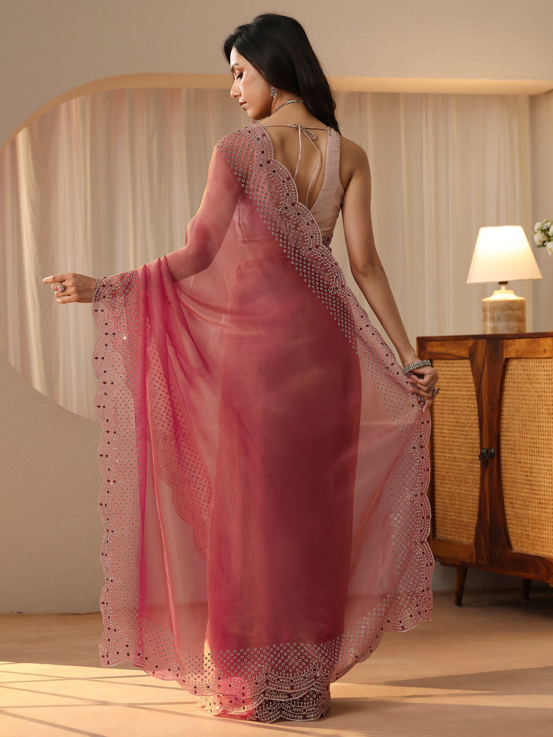  Cerise Pink Bead Work Tissue Saree 