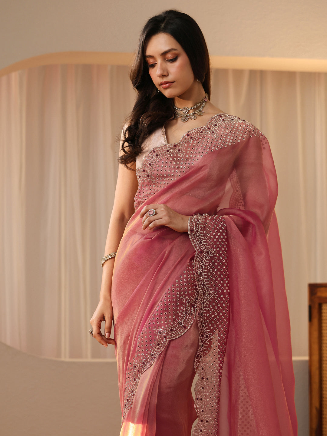  Cerise Pink Bead Work Tissue Saree 