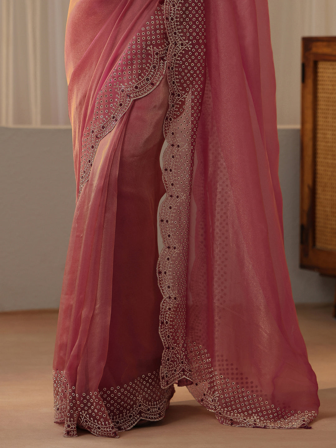  Cerise Pink Bead Work Tissue Saree 