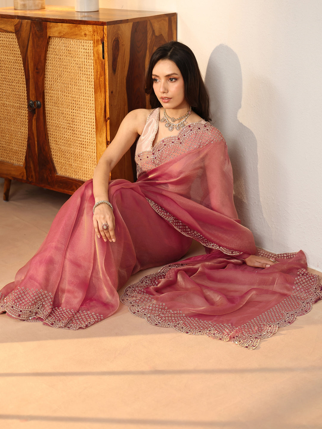  Cerise Pink Bead Work Tissue Saree 