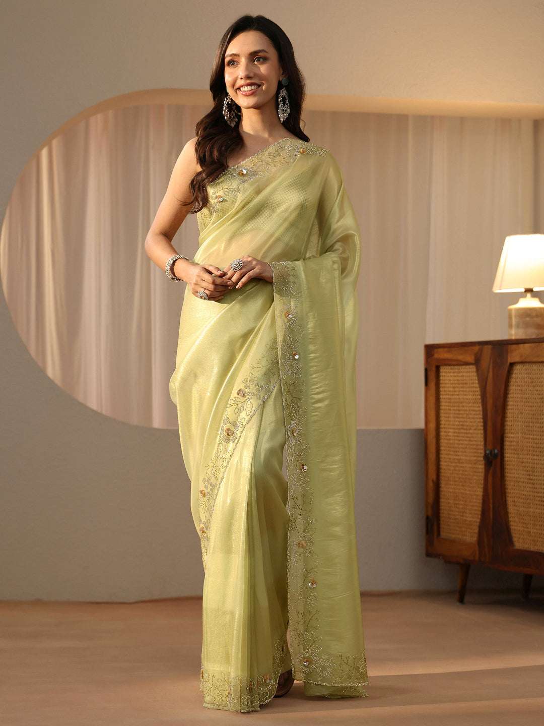  Lime Green Embellished Border Net Saree 