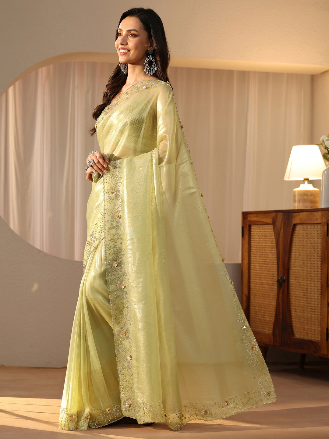  Lime Green Embellished Border Net Saree 