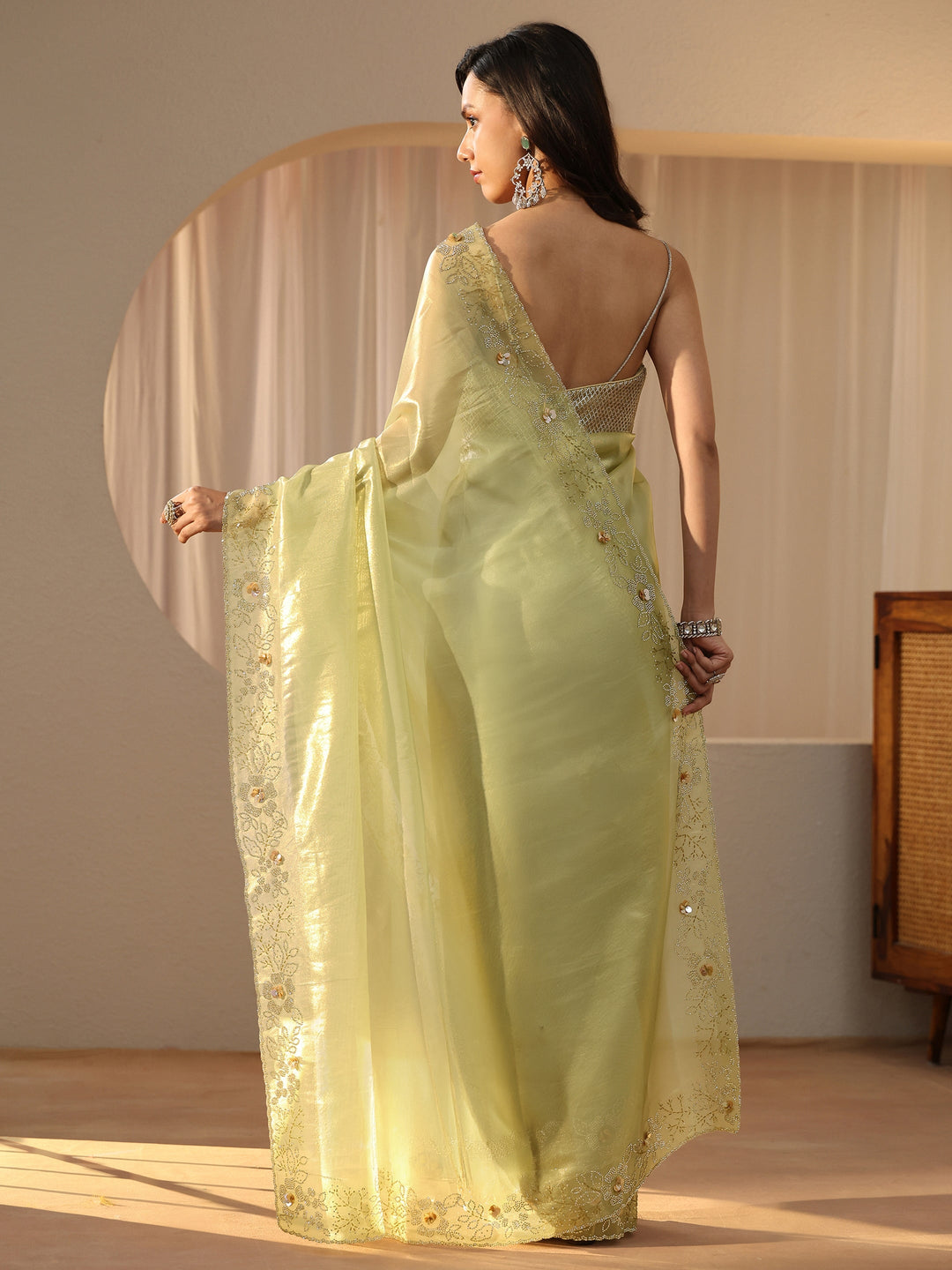  Lime Green Embellished Border Net Saree 