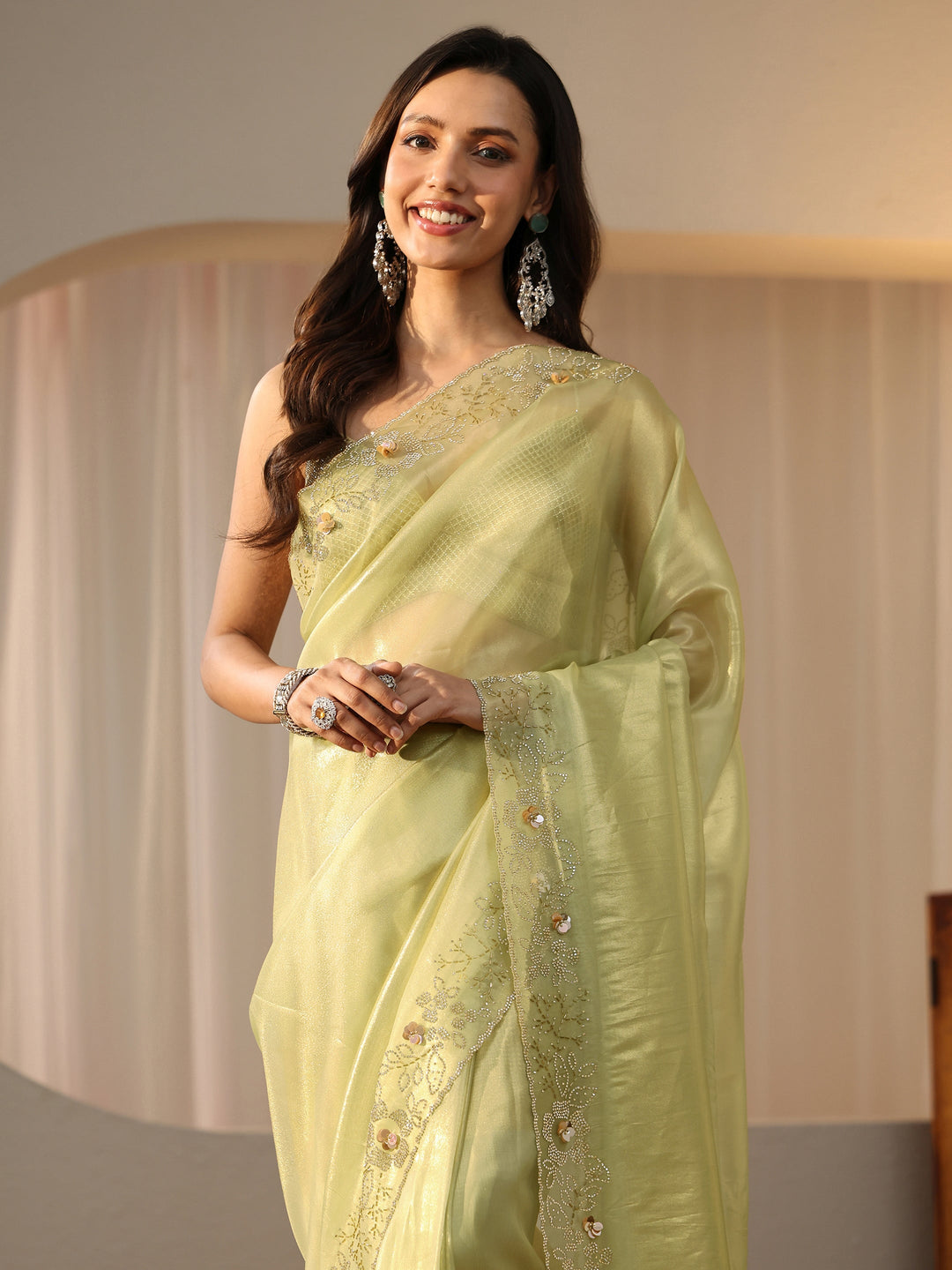  Lime Green Embellished Border Net Saree 