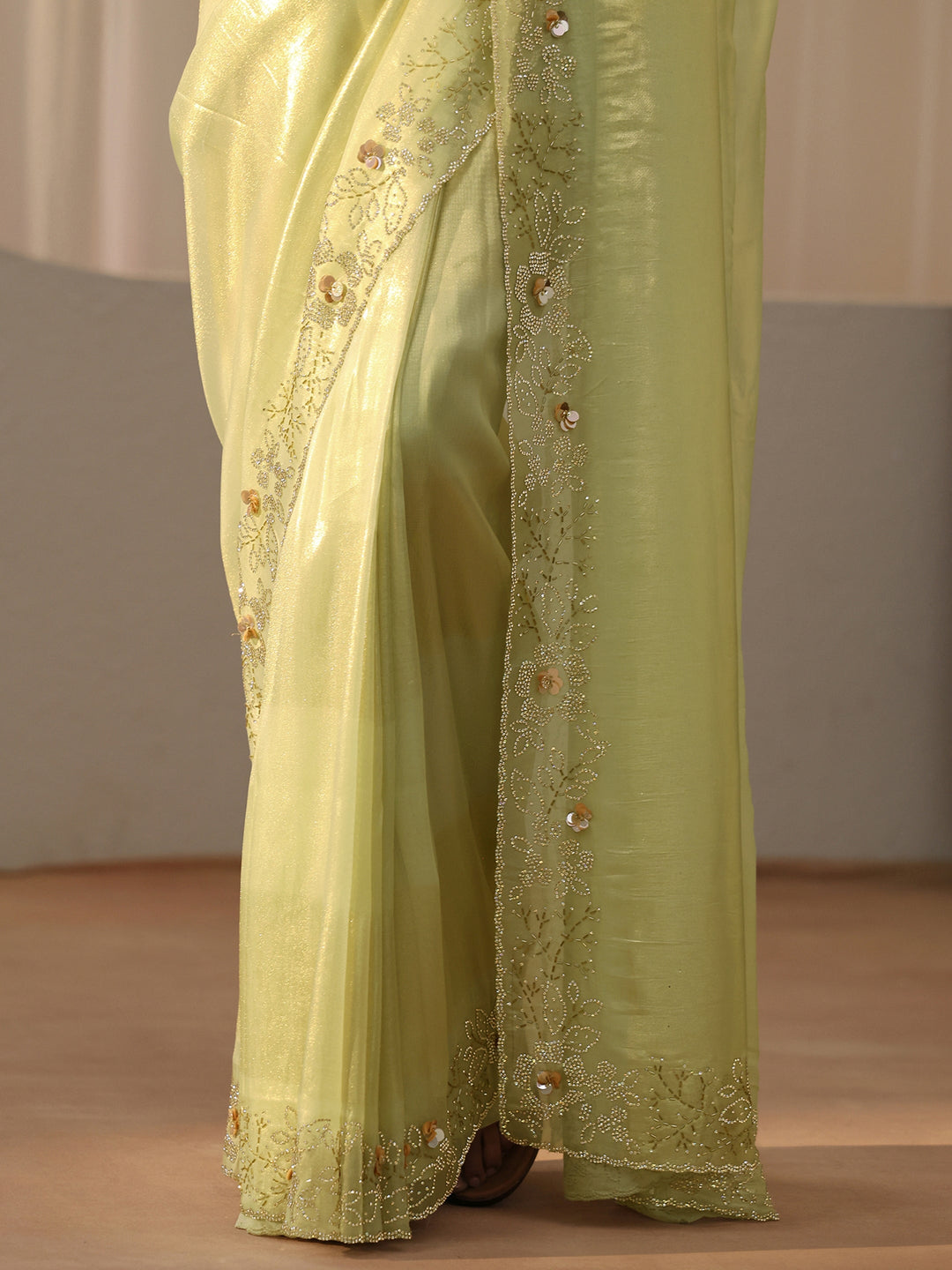  Lime Green Embellished Border Net Saree 