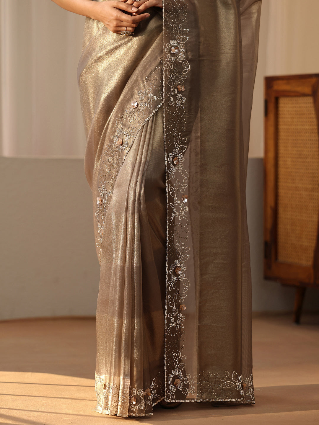  Taupe Grey Embellished Net Saree 