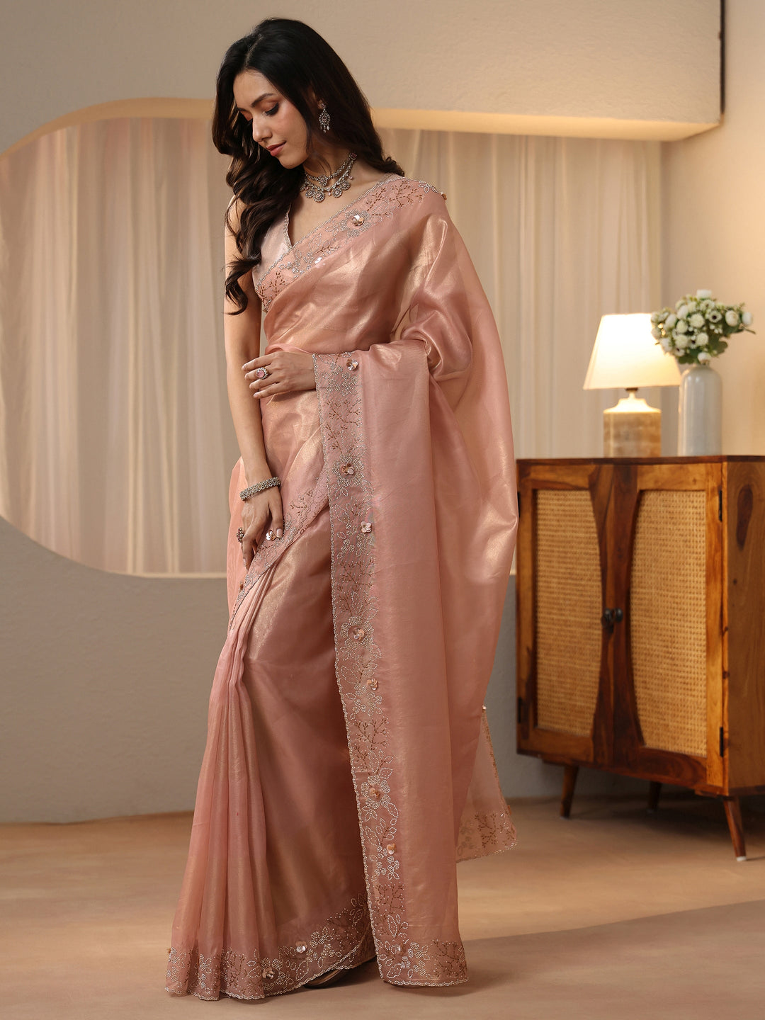  Blush Pink Embellished Border Net Saree 