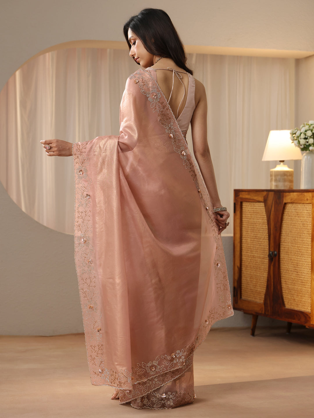  Blush Pink Embellished Border Net Saree 