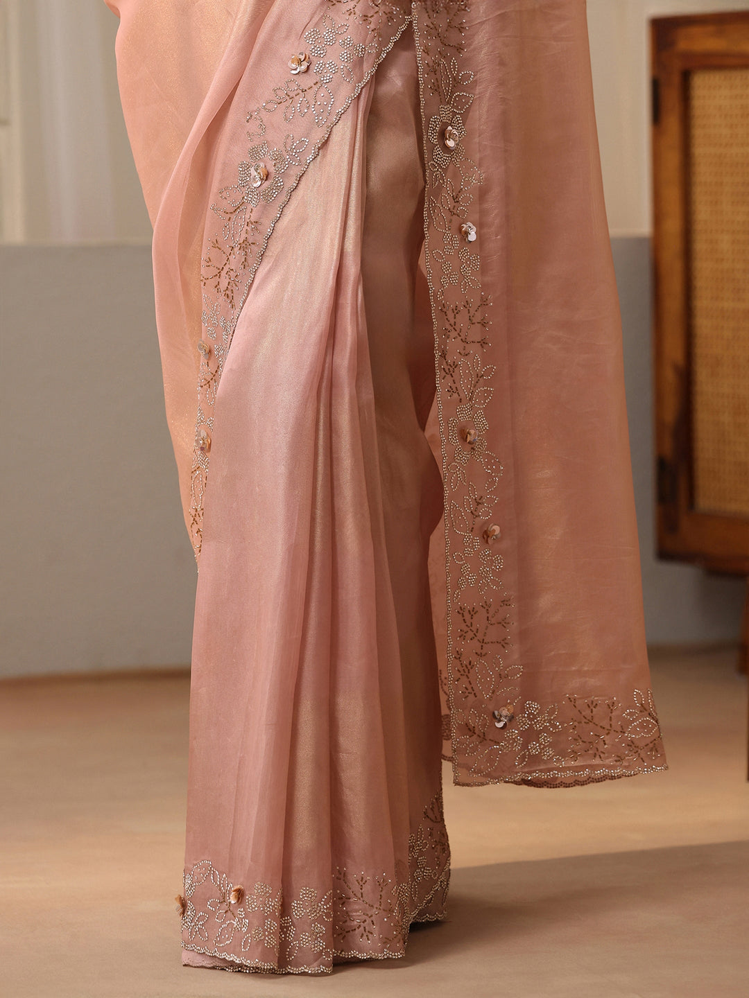  Blush Pink Embellished Border Net Saree 