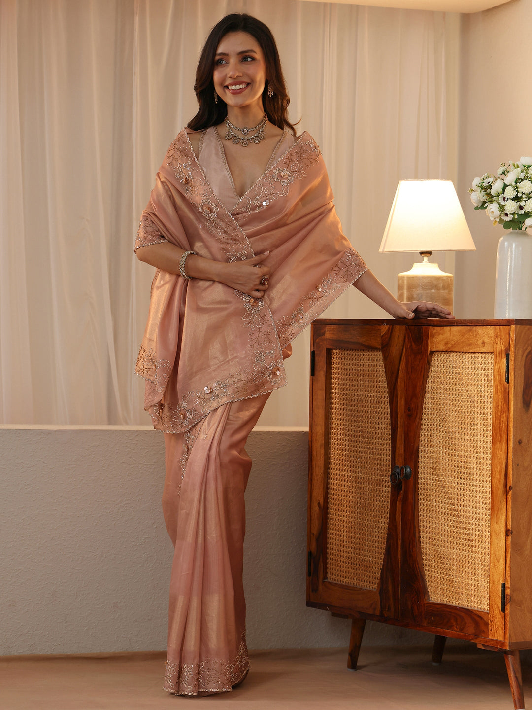  Blush Pink Embellished Border Net Saree 