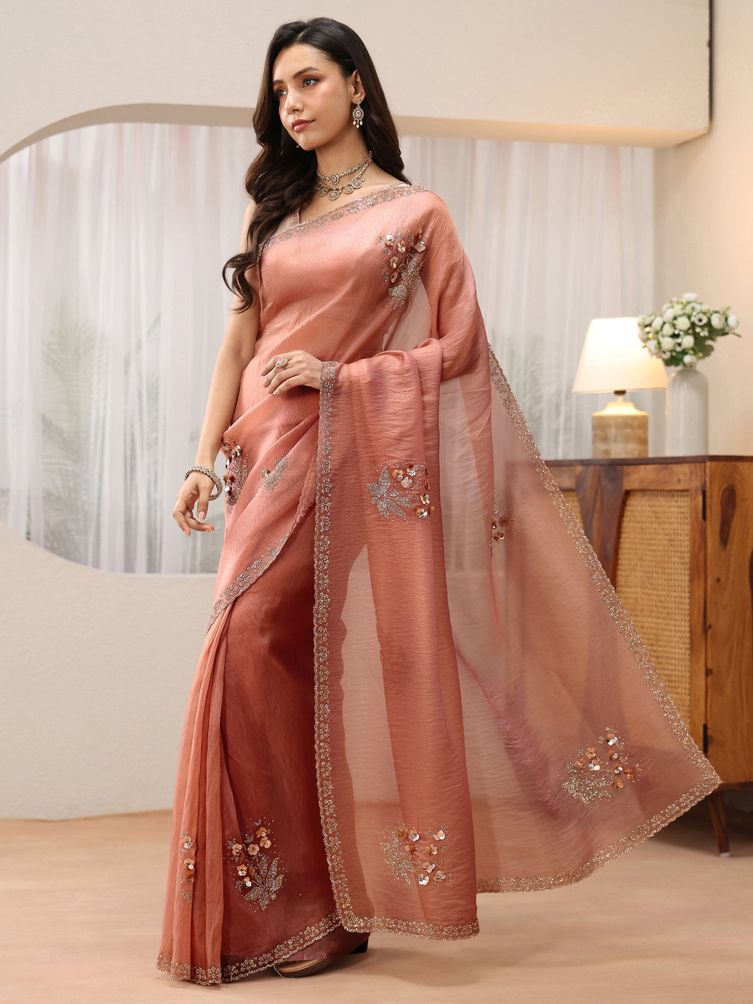  Peach Pink Floral Embellished Tissue Saree 