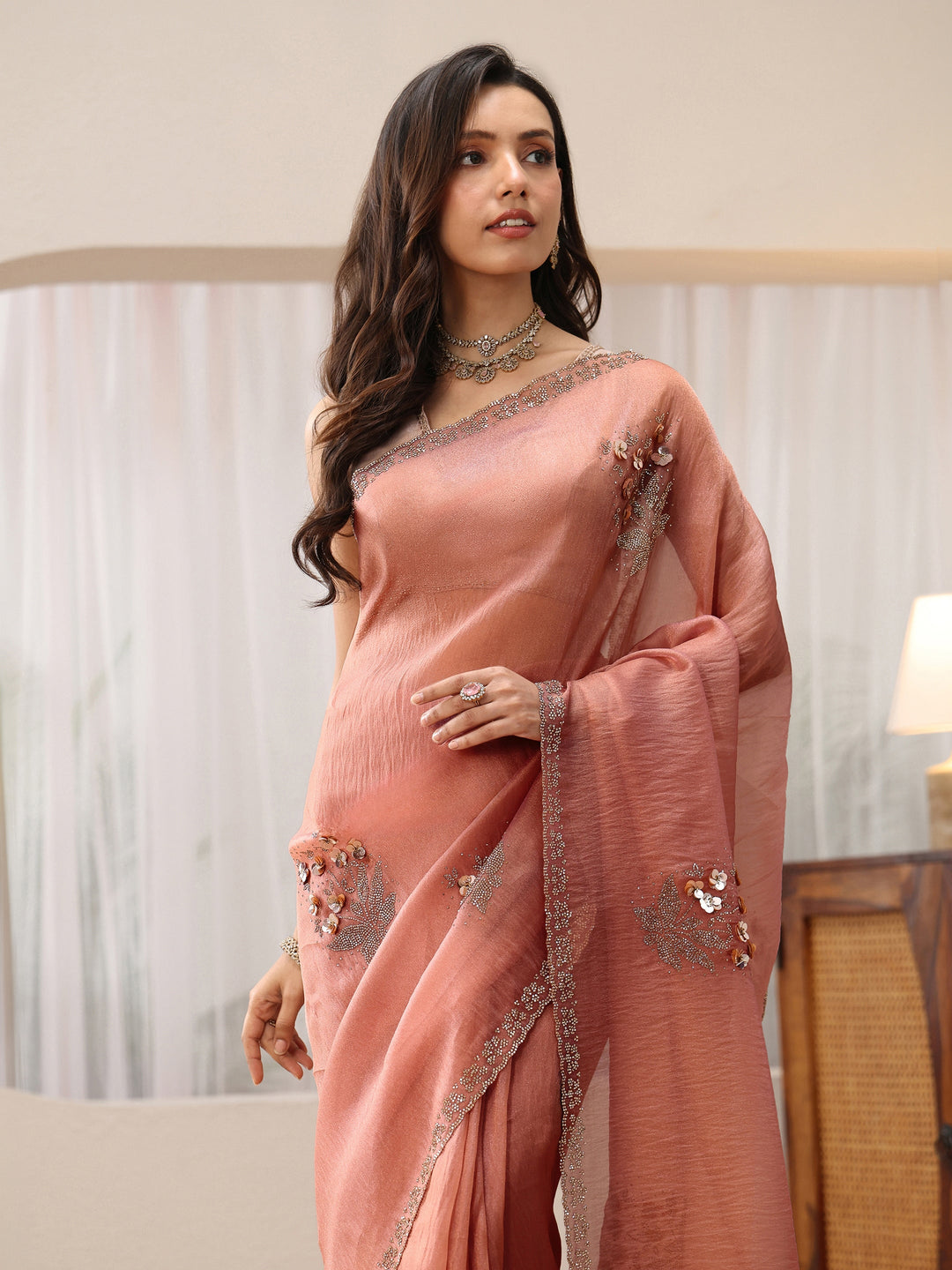  Peach Pink Floral Embellished Tissue Saree 