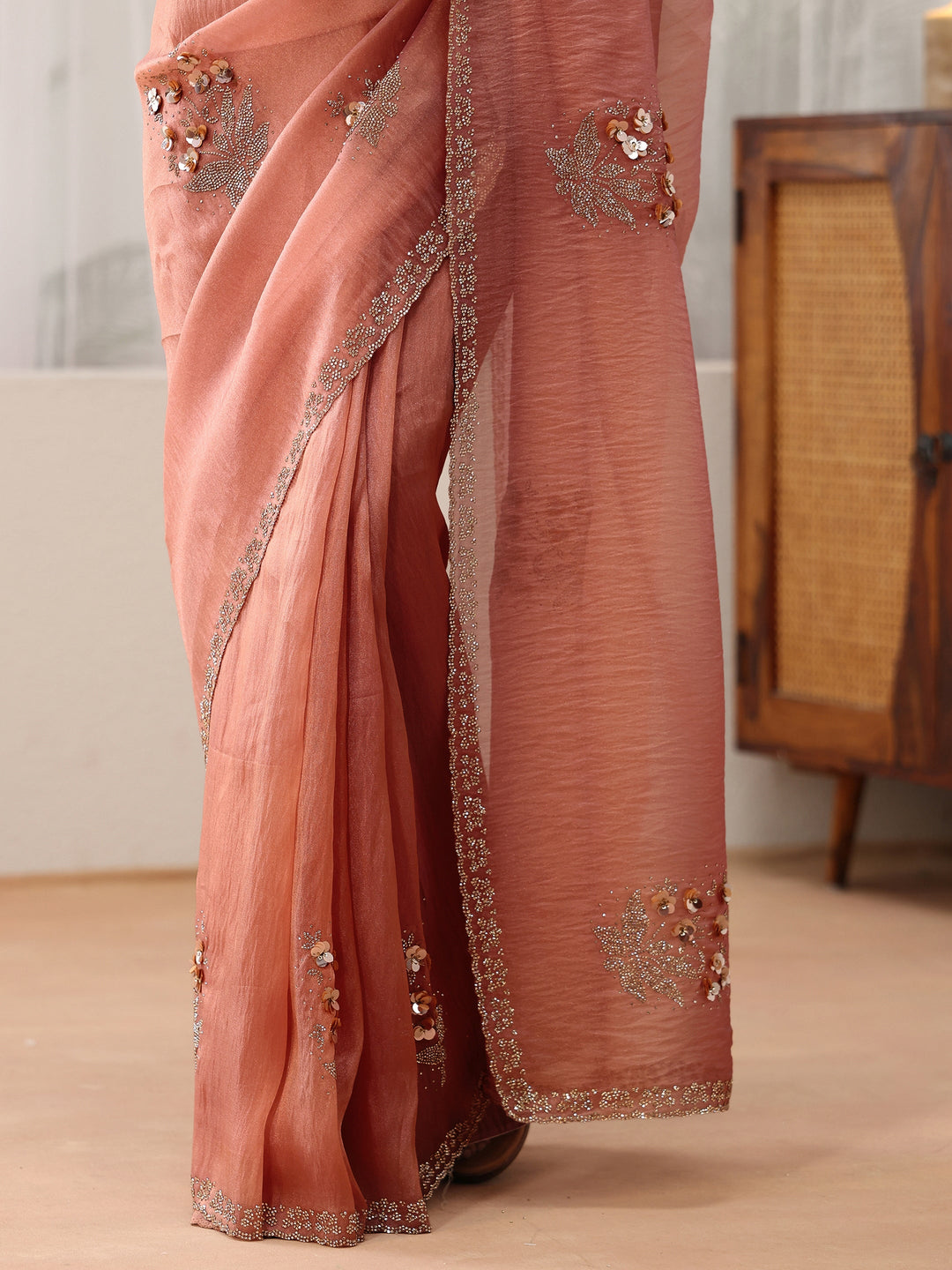  Peach Pink Floral Embellished Tissue Saree 