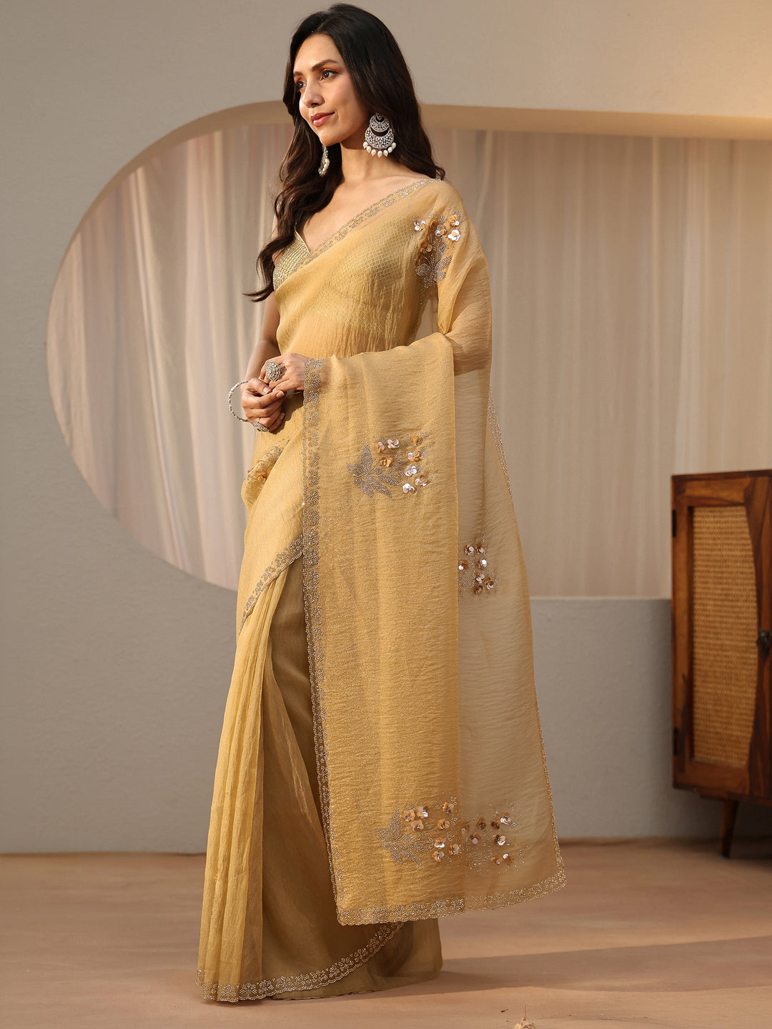  Golden Beige Floral Embellished Tissue Saree 