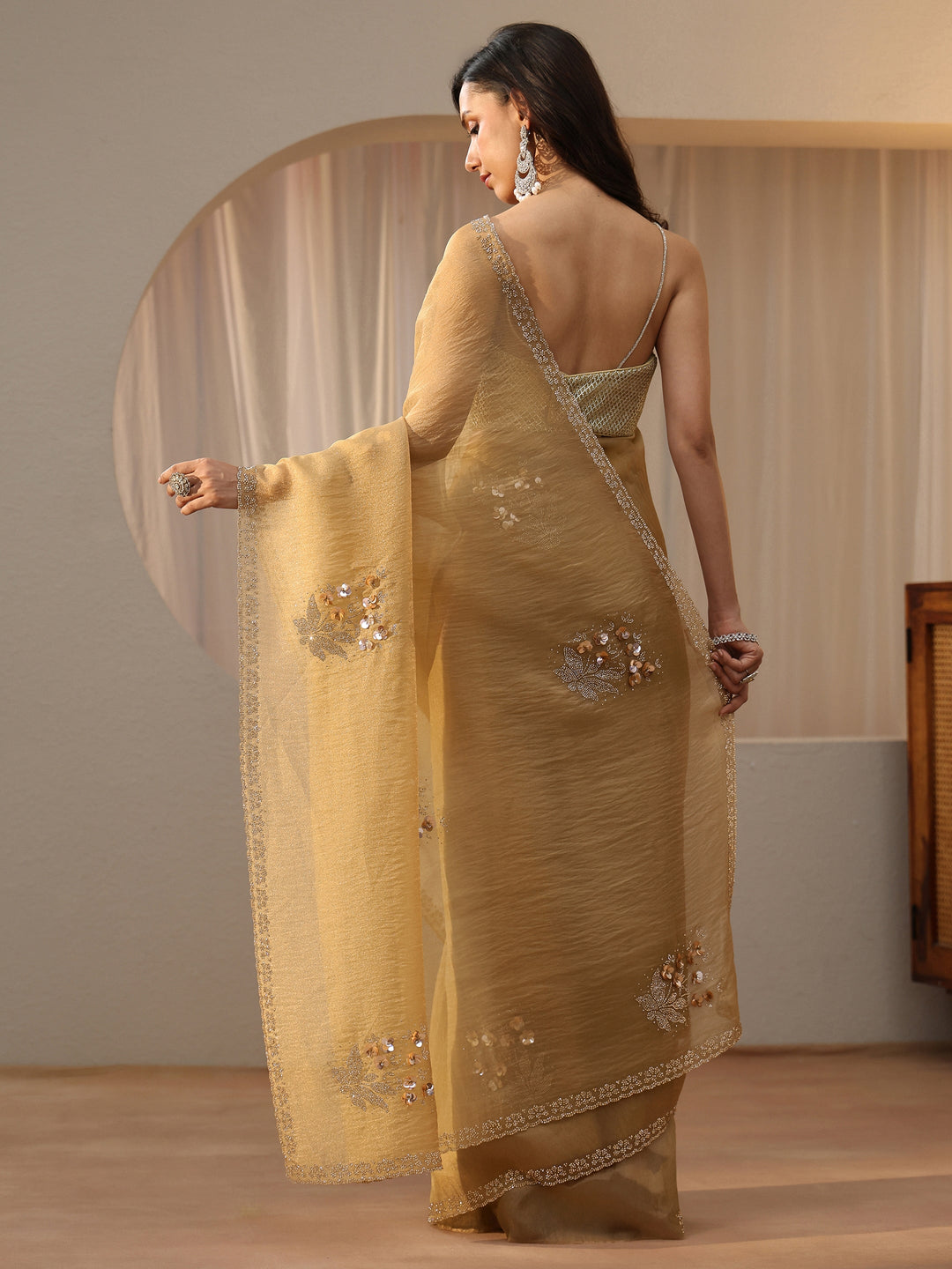  Golden Beige Floral Embellished Tissue Saree 