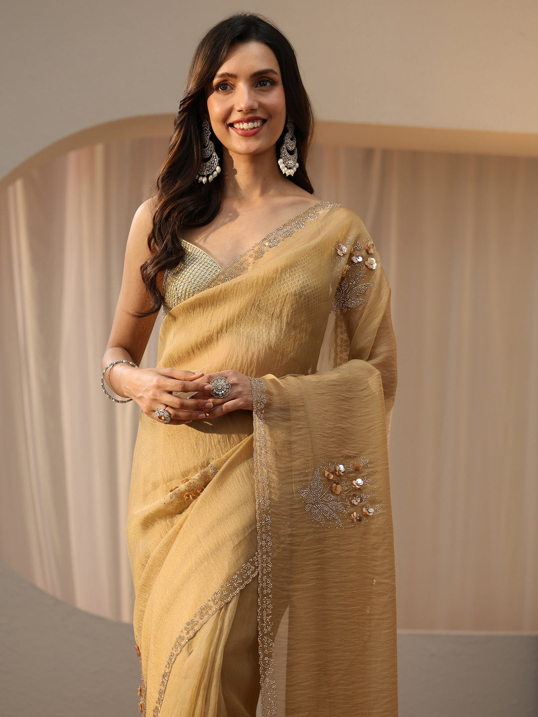  Golden Beige Floral Embellished Tissue Saree 