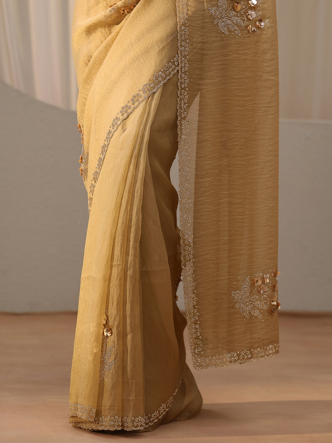  Golden Beige Floral Embellished Tissue Saree 