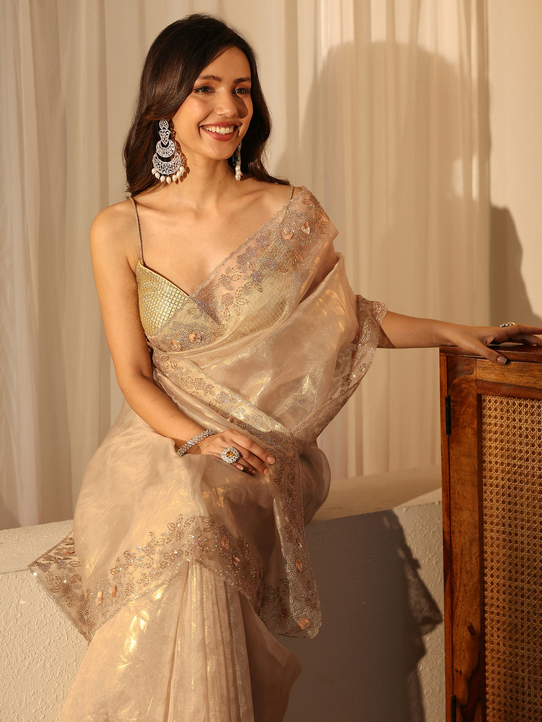  Cream Floral Embellished Tissue Saree 