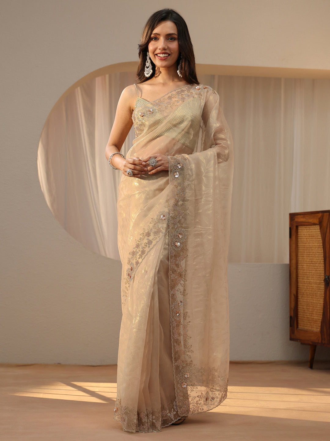  Cream Floral Embellished Tissue Saree 