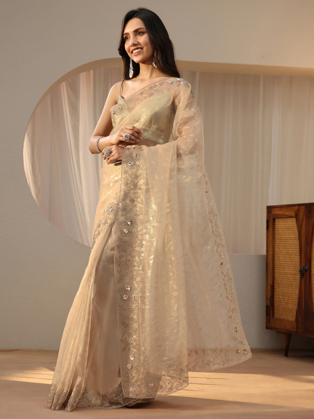  Cream Floral Embellished Tissue Saree 